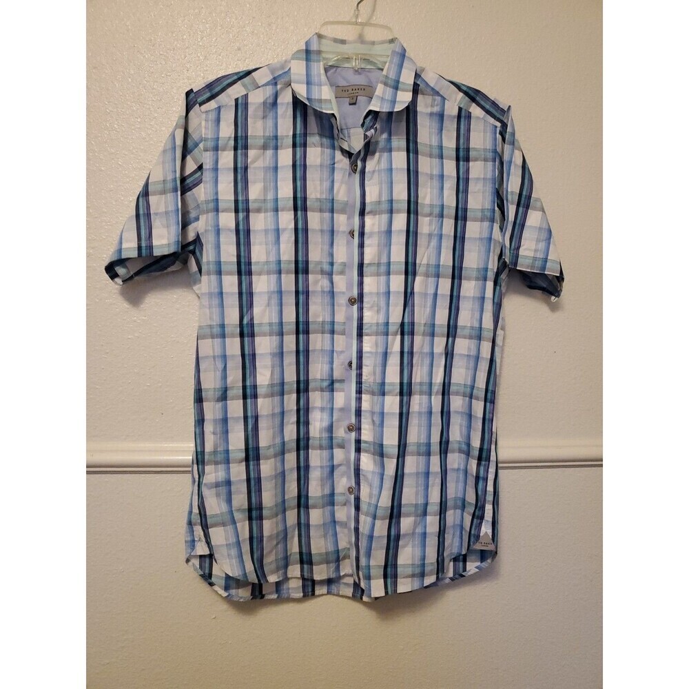 Ted Baker Mens Short Sleeve‎ Button Up Blue Plaid Modern Shirt Lightweight Sz 3